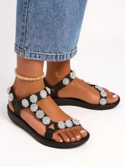 Sandały Płaskie^Royalfashion Sandały damskie Perseida czarne na platformie z perełkami czarny