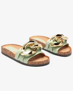 Klapki Płaskie^Royalfashion Sandały damskie Thalia zielone z łańcuchem na płaskiej podeszwie zielony