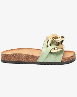 Klapki Płaskie^Royalfashion Sandały damskie Thalia zielone z łańcuchem na płaskiej podeszwie zielony