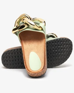 Klapki Płaskie^Royalfashion Sandały damskie Thalia zielone z łańcuchem na płaskiej podeszwie zielony