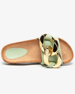 Klapki Płaskie^Royalfashion Sandały damskie Thalia zielone z łańcuchem na płaskiej podeszwie zielony