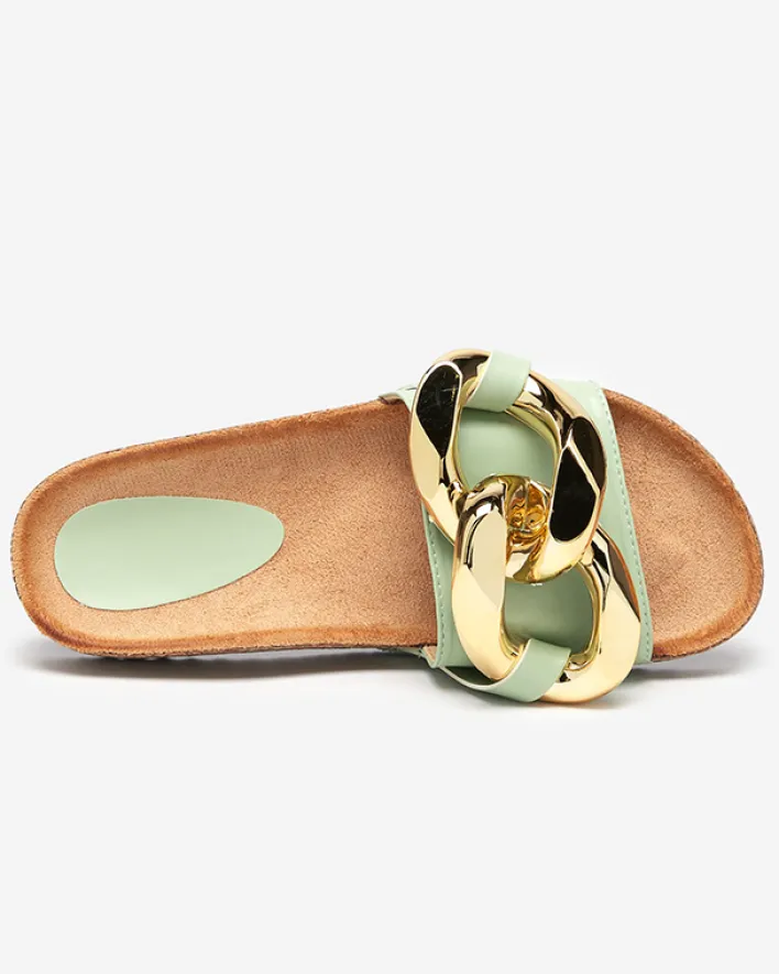 Klapki Płaskie^Royalfashion Sandały damskie Thalia zielone z łańcuchem na płaskiej podeszwie zielony