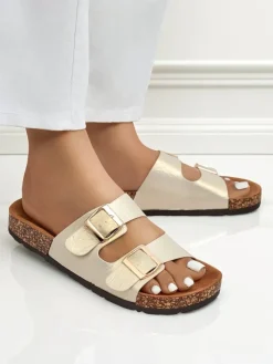 Klapki Płaskie^Royalfashion Sandały damskie złote Ariadne Eco z płaską podeszwą na lato