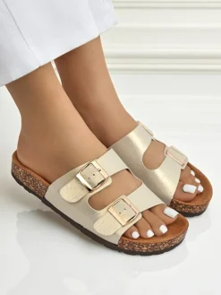 Klapki Płaskie^Royalfashion Sandały damskie złote Ariadne Eco z płaską podeszwą na lato