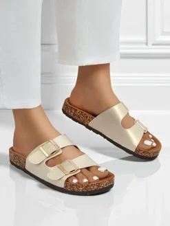 Klapki Płaskie^Royalfashion Sandały damskie złote Ariadne Eco z płaską podeszwą na lato