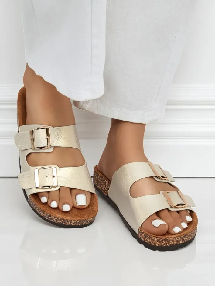 Klapki Płaskie^Royalfashion Sandały damskie złote Ariadne Eco z płaską podeszwą na lato