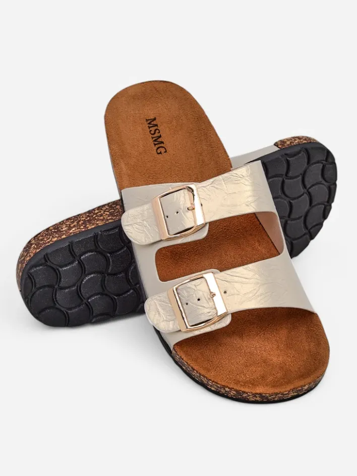 Klapki Płaskie^Royalfashion Sandały damskie złote Ariadne Eco z płaską podeszwą na lato