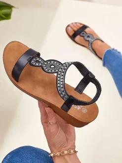 Sandały Na Koturnie^Royalfashion Sandały Koturny Perseida czarne z eko-skóry z kryształkami 4,5cm czarny