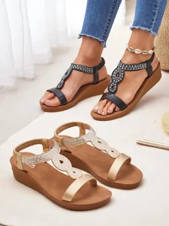 Sandały Na Koturnie^Royalfashion Sandały Koturny Perseida czarne z eko-skóry z kryształkami 4,5cm czarny