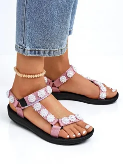 Sandały Płaskie^Royalfashion Sandały Letitia różowe na platformie - perłowe dżety klasyczne różowy