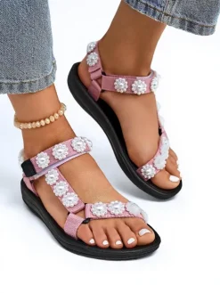 Sandały Płaskie^Royalfashion Sandały Letitia różowe na platformie - perłowe dżety klasyczne różowy