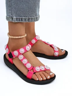 Sandały Płaskie^Royalfashion Sandały Livia Rosa – Wygodne damskie sandały z perłowymi dżetami Fuksjowy