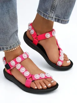 Sandały Płaskie^Royalfashion Sandały Livia Rosa – Wygodne damskie sandały z perłowymi dżetami Fuksjowy