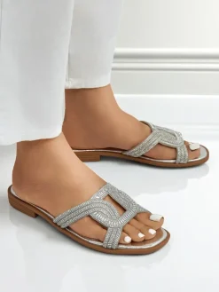 Klapki Płaskie^Royalfashion Srebrne sandały Ariadne - płaski obcas, skóra ekologiczna