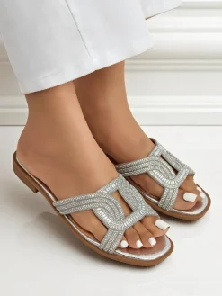 Klapki Płaskie^Royalfashion Srebrne sandały Ariadne - płaski obcas, skóra ekologiczna