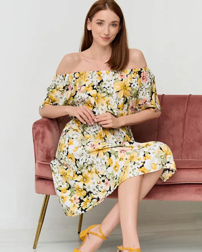 Sukienki Letnie|Sukienki Krótkie^Royalfashion Żółta sukienka do kolana w różnobarwny kwiatowy wzór- Odzież żółty