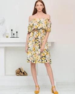 Sukienki Letnie|Sukienki Krótkie^Royalfashion Żółta sukienka do kolana w różnobarwny kwiatowy wzór- Odzież żółty