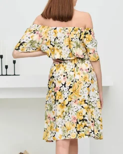 Sukienki Letnie|Sukienki Krótkie^Royalfashion Żółta sukienka do kolana w różnobarwny kwiatowy wzór- Odzież żółty