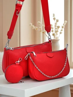 Małe Torebki^Royalfashion Torebka damska Arista Rosso z ekoskóry, łańcuszek, mini zestaw czerwony