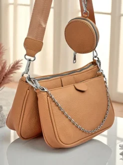 Małe Torebki^Royalfashion Torebka damska Aurora Multi z ekoskóry jasny brąz łańcuszek zip jasny brązowy