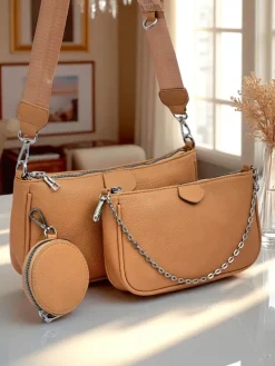 Małe Torebki^Royalfashion Torebka damska Aurora Multi z ekoskóry jasny brąz łańcuszek zip jasny brązowy