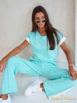 Komplety Damskie^Royalfashion zestaw damski Callista – bawełniany komplet z szerokimi spodniami turkusowy