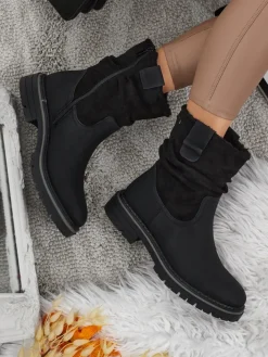 Botki Z Delikatnym Ociepleniem|Botki Na Płaskim Obcasie^Royalfashion Wyższe botki damskie eko zamszowe Liora czarny