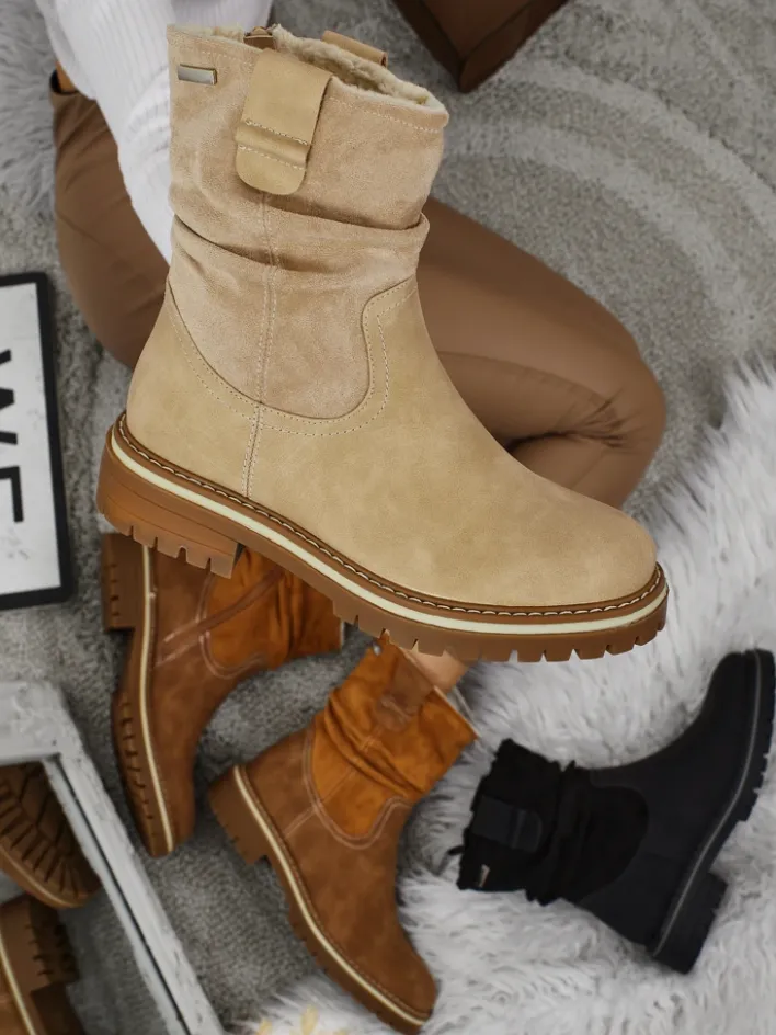 Botki Z Delikatnym Ociepleniem|Botki Na Płaskim Obcasie^Royalfashion Wyższe botki damskie eko zamszowe Liora beżowy