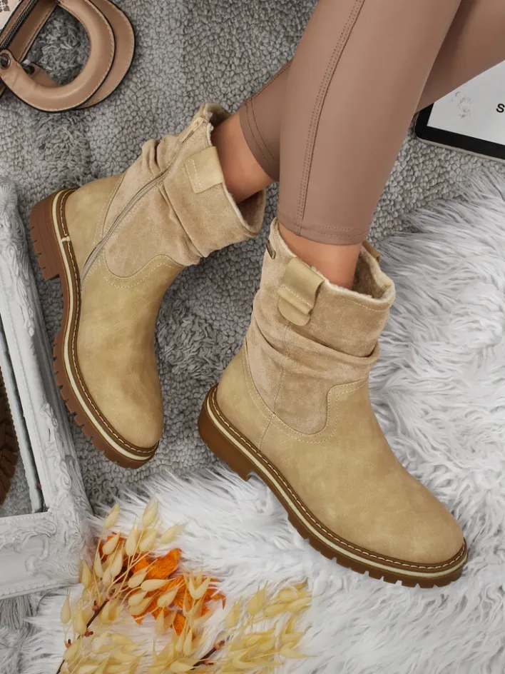 Botki Z Delikatnym Ociepleniem|Botki Na Płaskim Obcasie^Royalfashion Wyższe botki damskie eko zamszowe Liora beżowy