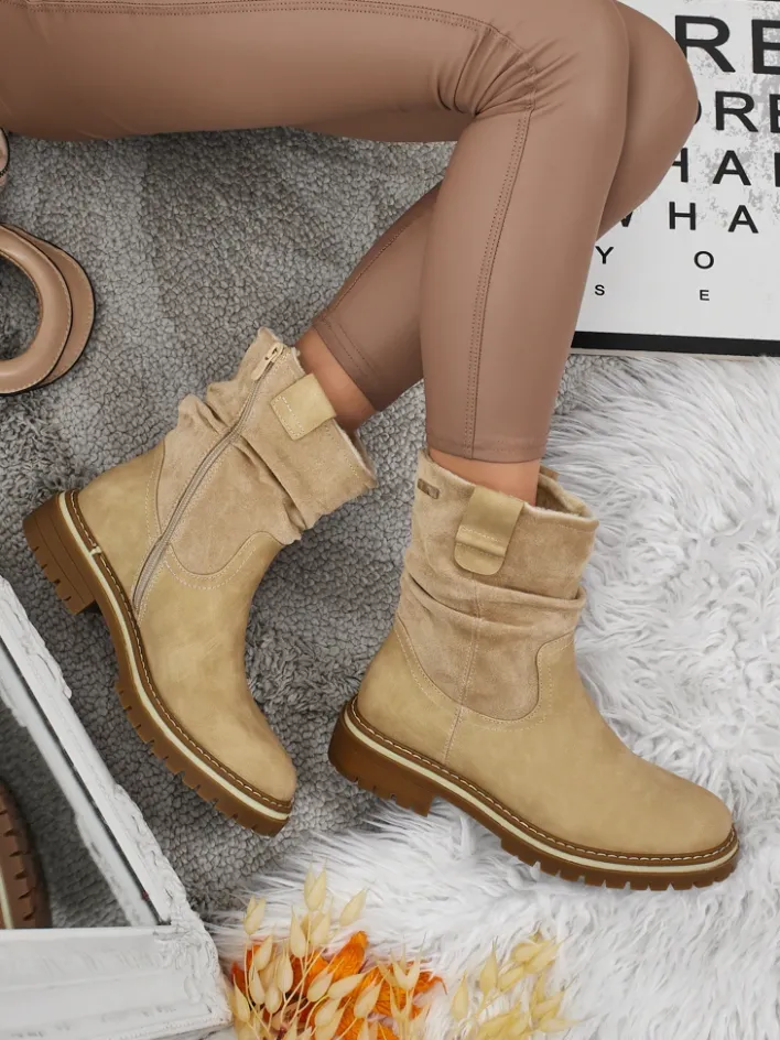 Botki Z Delikatnym Ociepleniem|Botki Na Płaskim Obcasie^Royalfashion Wyższe botki damskie eko zamszowe Liora beżowy