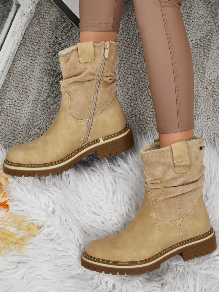 Botki Z Delikatnym Ociepleniem|Botki Na Płaskim Obcasie^Royalfashion Wyższe botki damskie eko zamszowe Liora beżowy