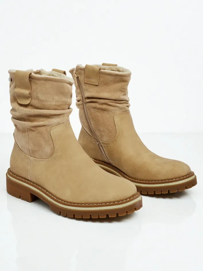 Botki Z Delikatnym Ociepleniem|Botki Na Płaskim Obcasie^Royalfashion Wyższe botki damskie eko zamszowe Liora beżowy