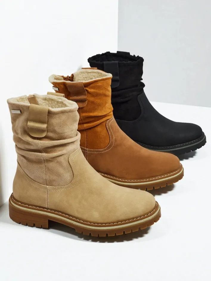 Botki Z Delikatnym Ociepleniem|Botki Na Płaskim Obcasie^Royalfashion Wyższe botki damskie eko zamszowe Liora beżowy