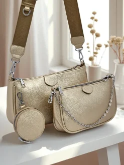 Małe Torebki^Royalfashion Złota Torebka Calista Multi z Ekoskóry z Łańcuszkiem i Saszetką złoty